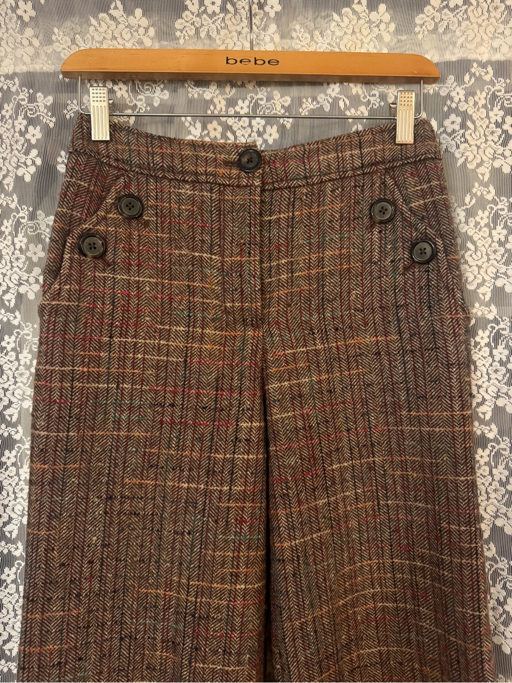 CARTONNIER Brown Plaid Wool Wide-Leg Pants